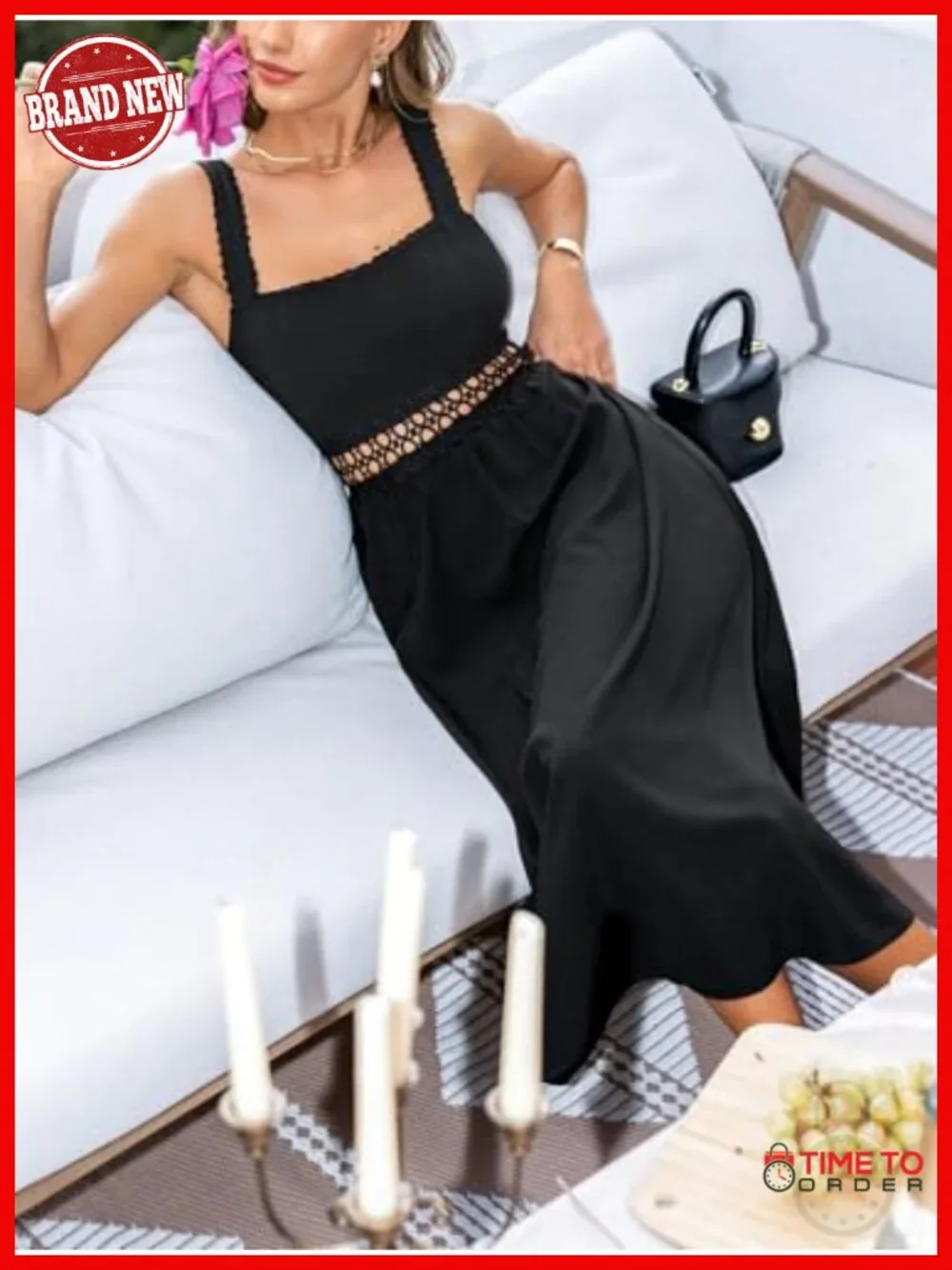 Square Neck Hollow Out Sleeveless Scalloped Eyelet Lace Strap Midi Dress
